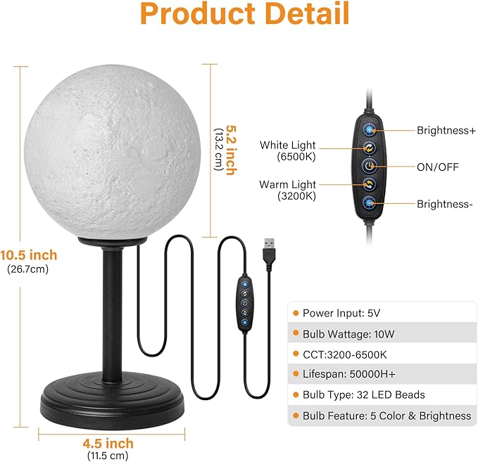 Moon Lamp LED Night Light - Dimmable Bedside Lamps Small Modern Bedroom Lamp LED Desk Light with 25 Lighting Modes 3D Printed Realistic Moon Surface - Perfect for Girls Boys Kids Birthday
