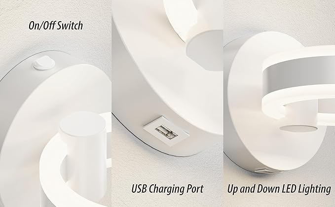 Wall Lamp LED Wall Sconce Rotatable Up-Down Sconces Wall Lighting with Built-in Switch and USB Charging Port 110 Volt AC Hardwired Wall Light (White)