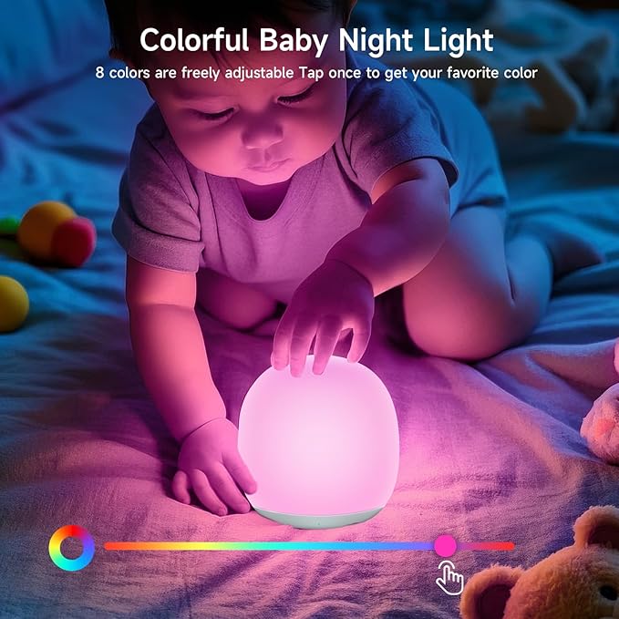 Baby Night Light, Nursery Night Lamp with 8 RGB Colors Changing, Soft BPA Free Silicone Touch Night Light for Kids Room Breastfeeding, 1h Timer, Rechargeable & Stepless Dimming