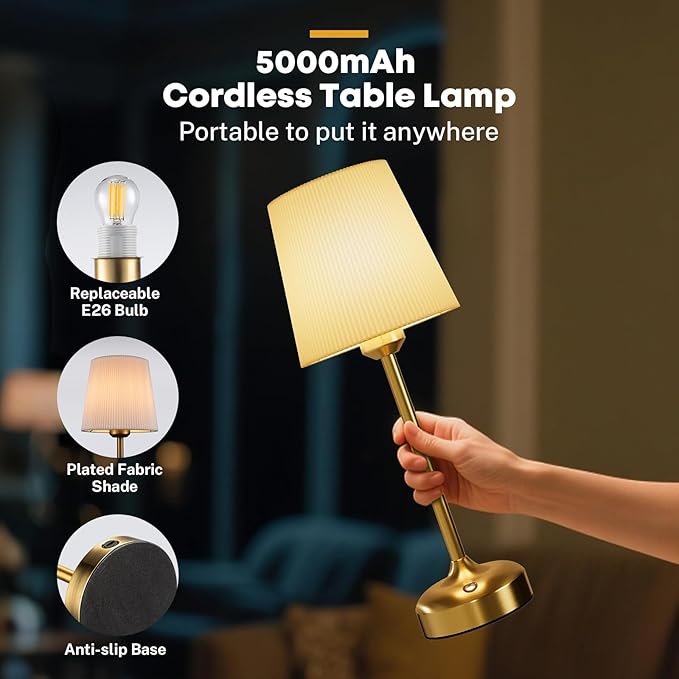 Cordless Table Lamp, Small Table Lamp 5000mAh Rechargeable Table Lamp Battery Operated Touch Lamp Fabric Shade Stepless Dimmable Bedside Lamps for Bedroom, Living Room, Dining Room