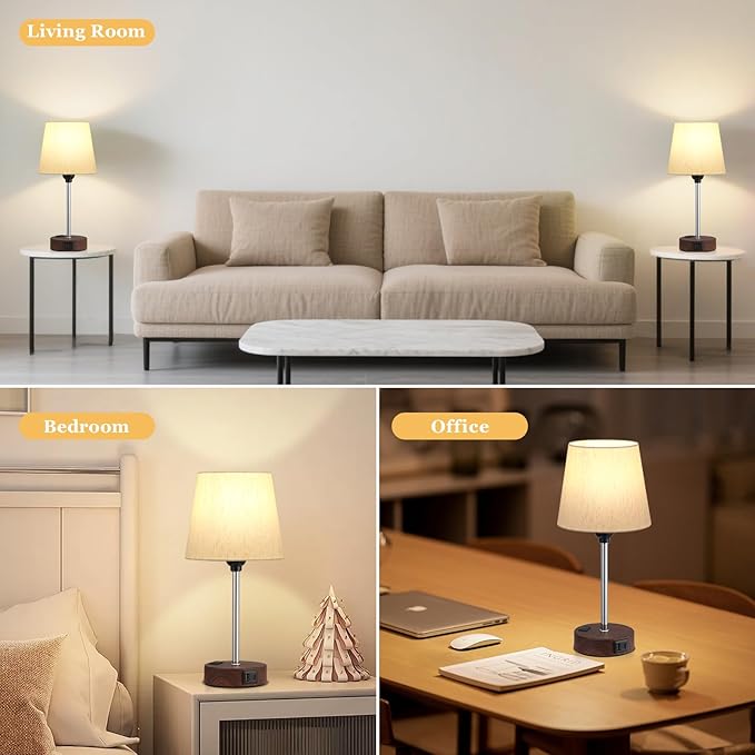 Acaxin Reddish Brown Bedside Lamps Set of 2 - Nightstand Bedroom Lamp with USB C Port and AC Outlet Charging, 3 Way Dimmable Touch Control Small Bed Side Table Lamp, Nightstand Light