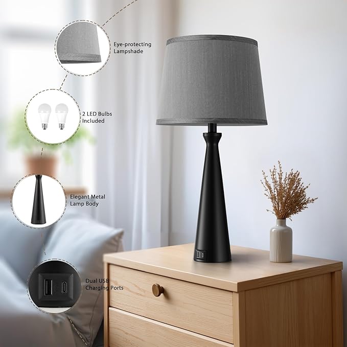 Seealle Modern Table Lamps Set of 2 - Touch Bedside Lamp for Nightstand with USB C+A,3-Way Dimmable Black Nightstand Lamps for Living Room Bedroom End Table with Grey Shade(Bulb Included)