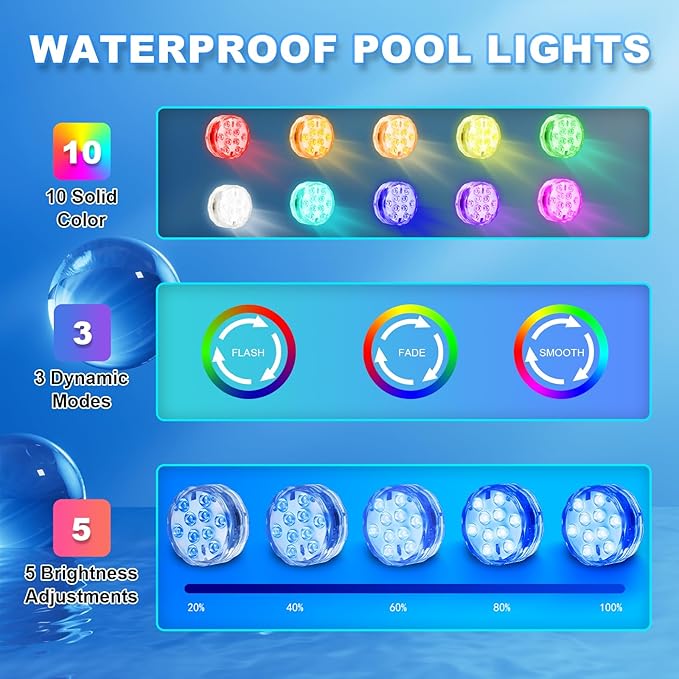 Creatrek Pool Lights with Remote, 10 Color Changing Pool Lights for Above Ground Pools, Battery Operated Submersible LED Lights for Pond, Bathtub, Hot Tub, Party, 2 Pack