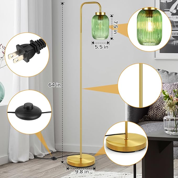 Mid Century Modern Gold Floor Lamp with Green Ribbed Glass Shade, Foot Switch, Vintage Standing Lamp for Bedroom, Living Room, Office (Bulb Not Included)