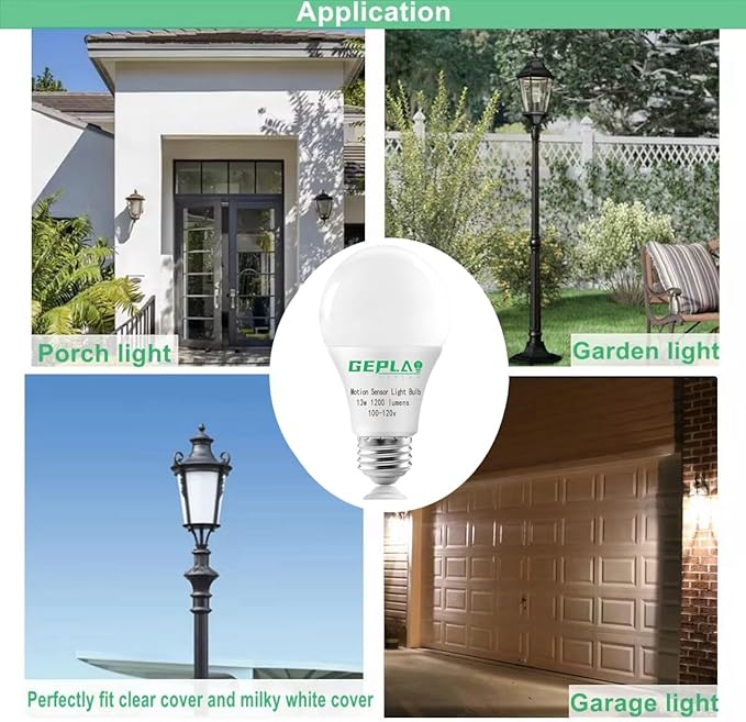 GEPLAD 4-Pack Upgrade Motion Sensor LED Light Bulbs 12W (100W Equivalent), A19 E26 Dusk to Dawn Bulb, Outdoor & Indoor, 5000K Daylight, 1200LM,Glass-Penetrating Sensor, Upward/Downward Mounting