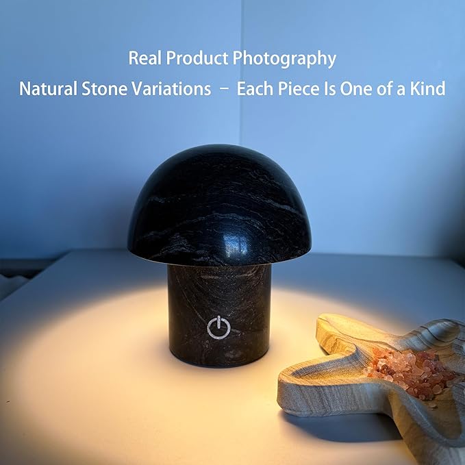 Hand-Polished Natural Marble Mushroom Lamp, Rechargeable LED Stone Night Light with Touch Control and 3 Brightness Levels, Sculptural Bedside Ambient Decor Light for Modern Home