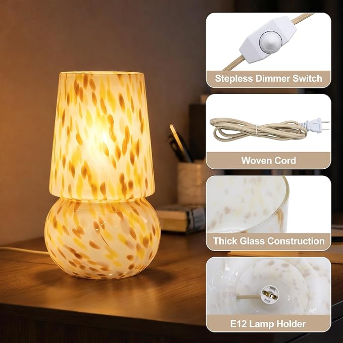 9.8 Inch Mushroom Table Lamp, UL Listed Dimmable Small Desk & Bedside Lamp with Woven Beige Cord, Handcrafted Pattern, Murano Home Decor for Bedroom, Living Room, Entryway (Cream Gold)