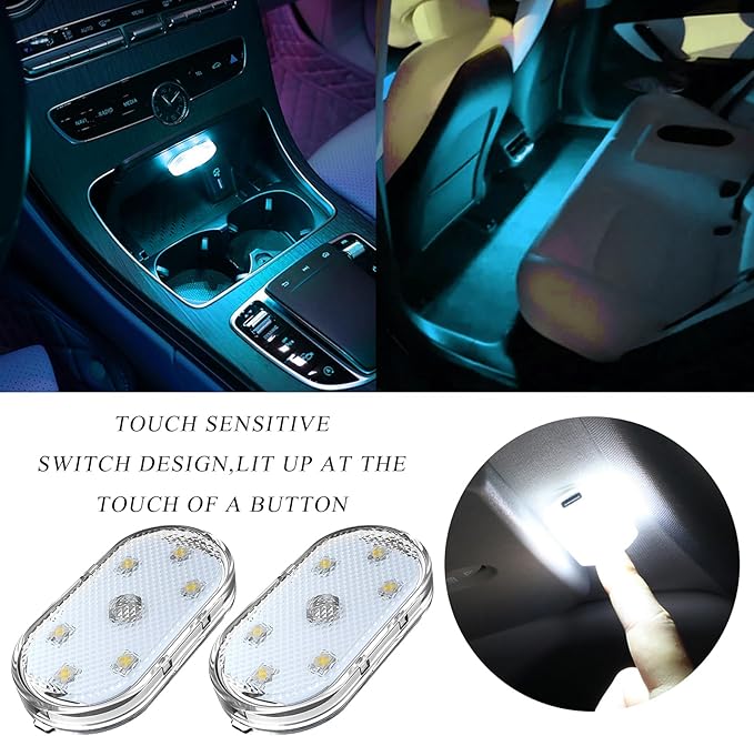 2 PCS Car LED Lights Interior Wireless, Sticky Car Ambient Lighting with 6 Bright LED Lamp Beads, Portable USB Rechargeable Vehicle Interior Led Night Light for Car (Ice Blue)