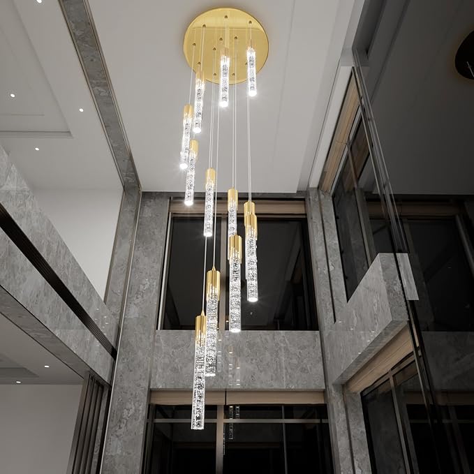 Flashing God Modern Crystal Chandelier Dimmable LED Gold Ceiling Light Crystal Bubble Pendant Lights High Ceiling Chandelier for Living Room Lobby Staircase Chandeliers