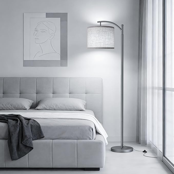 ROTTOGOON Floor Lamp for Living Room with 3 Color Temperatures LED Bulb, Standing Lamp Tall Industrial Floor Lamp Reading for Bedroom, Office (9W LED Bulb, Beige Lampshade Included) -Grey