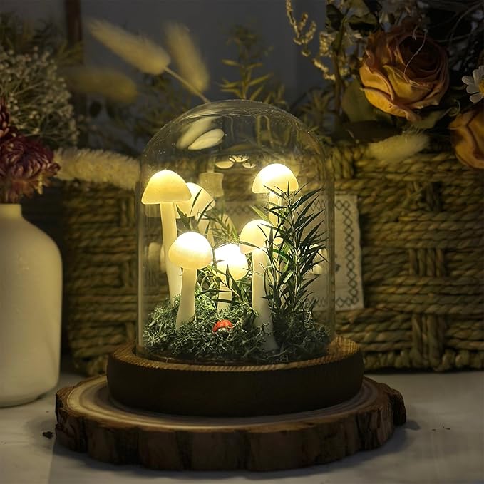 White Mushroom Lamp, Decor LED Light in Glass Dome with Base for Home Bedroom Decor, Birthday Valentines Anniversaries Gifts Box(White)