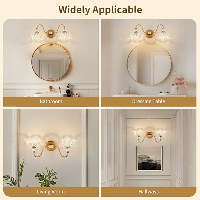 Vintage Bathroom Vanity Light, 2-Light Matte Brass Finish Vanity Light with Floral Clear Glass Shades, Retro Wall Sconce for Bathroom, Dressing Table