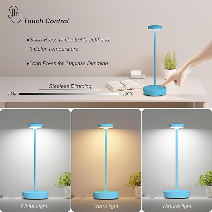 Cordless Table Lamp Rechargeable 2Pack - LED Battery Table Light with 3 Color Temperatures, Stepless Dimming, Waterproof Aluminum for Indoor Outdoor, Patio, Restaurant, Dinner (Blue)