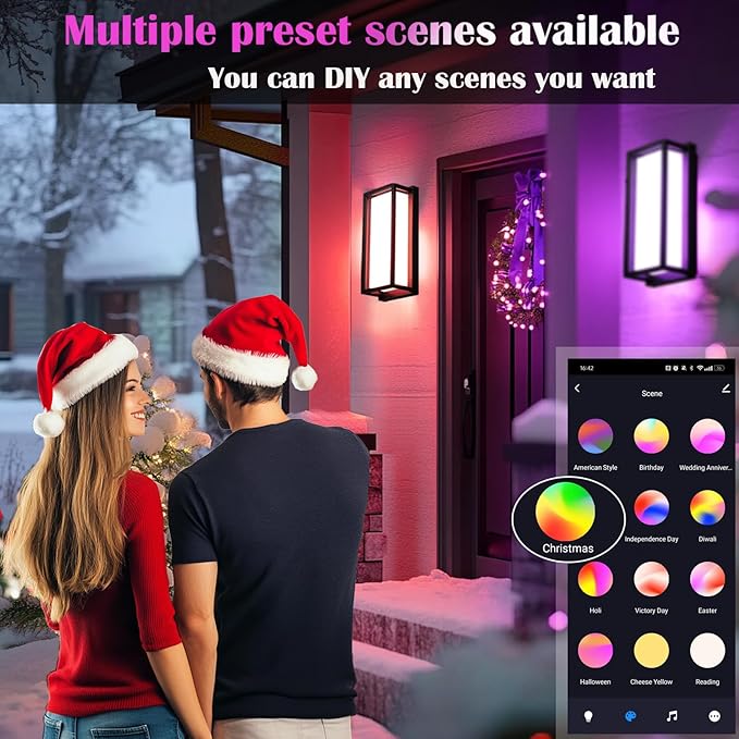 LED RGBCW Outdoor Wall Light Fixtures, 2 Pack Modern Wall Sconces, Color Changing Smart Exterior Lights, IP65 Waterproof Outdoor Porch Lights for House Front Door Garage