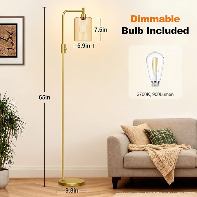 【Upgraded】Gold Dimmable Floor Lamp for Living Room with Amber Glass Lampshade, Glass Modern Floor Lamp with 900LM Bulb Included, Bright Standing Tall Lamp for Bedroom, Office, Reading Room, Corner