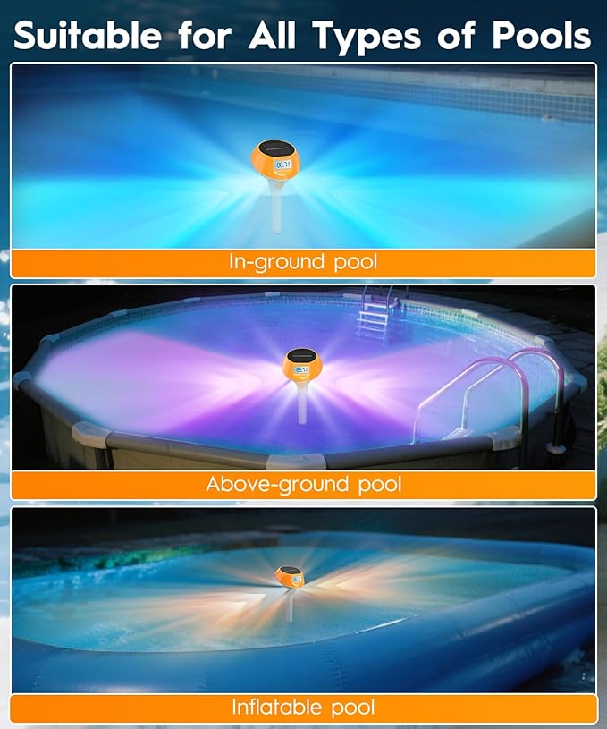 Solar Pool Lights for Inground Above Ground Pool, 22-Color 5-Mode, IP68 Waterproof Floating Pool Lights with Backlit Display, Magnetic Charging and Thermometer for Swimming Pool, Ponds, Tub, Spa