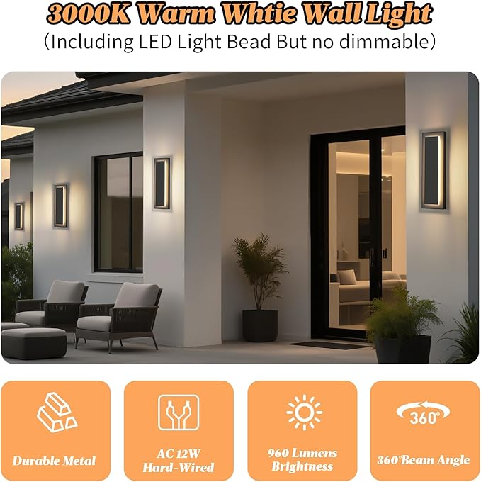 15.7 in Outdoor Wall Sconce Light,Modern Exterior Lights Fixture,Outdoor Porch Lights for House,Patio,Outdoor Wall Lighting,3000K Warm White, 12 W 2 Packs