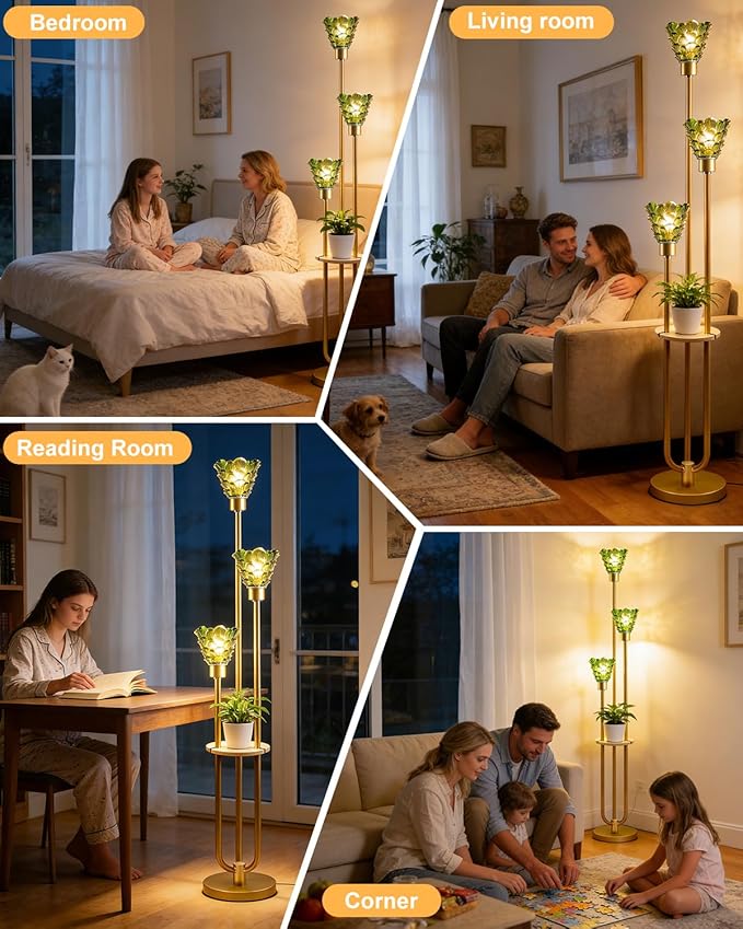 Glass Floor Lamp with Table, 62'' Gold Standing Tall Lamps with Green Glass Shade, 3000K Warmwhite Mid Century Modern Floor Lamp for Living Room/Bedroom/Sofa Beside/Home Corner