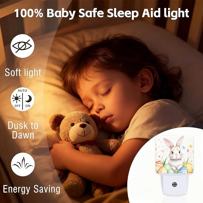 Easter Bunny Eggs Floral Night Light for Kids,Dusk-to-Dawn Auto Sensor Easter Rabbit Flowers Plug in Night Light,0.5W Energy Saving Non-Toxic for Bedroom/Bathroom,Ideal Gifts for Women Men