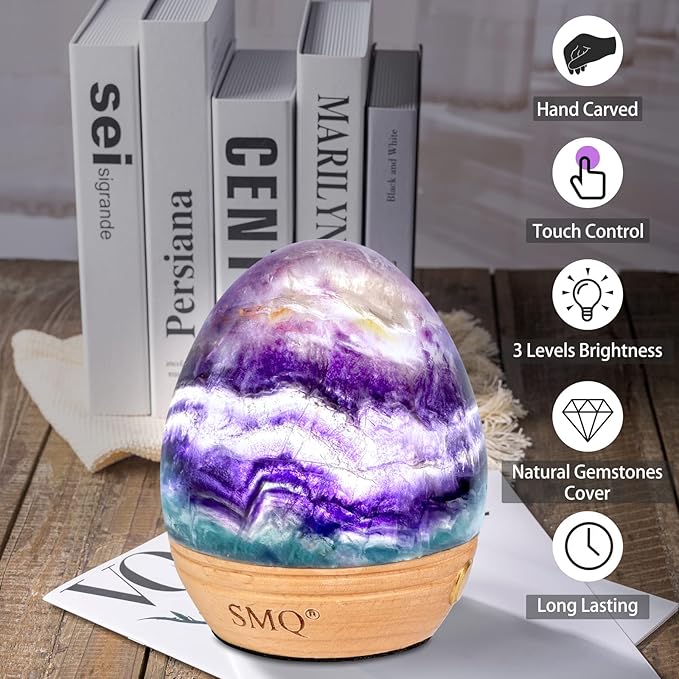 SMQ Egg-Shaped Rainbow Fluorite Crystal Night Light USB Chargeable Dimmable Touch-Control Gemstone Night Warm Cold LED Bedside Table Lamp for Kids,Adults Living Bedroom Decor