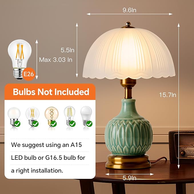 Ceramic Table lamp, Modern Bedside Lamps Green Mid Century Vintage Desk Lamp Retro Glass Mushroom Traditional Lamp for Nightstand Living Room Bedroom Home Decor (S03GN-1PACK)