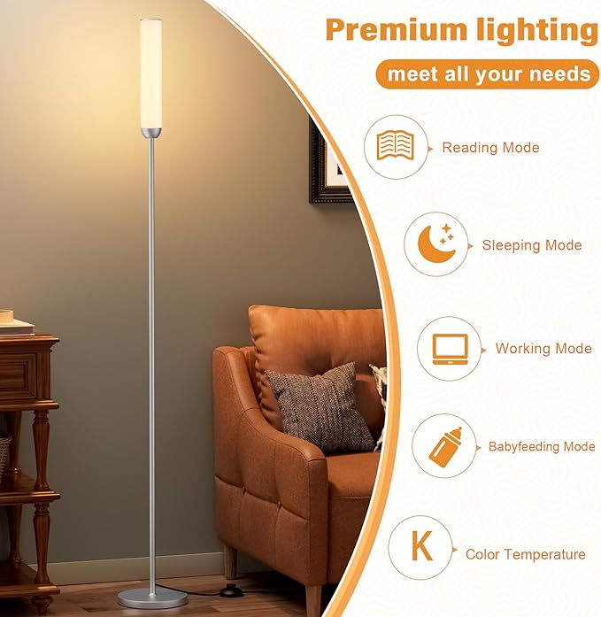 Ambimall LED Floor Lamp with Remote Control, 65" Standing lamp with Stepless Adjustable 3000K-6500K Colors & 30-100% Brightness, Foot Switch(Silver)