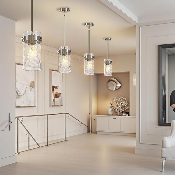 4.72" Hammered Glass Pendant Lighting for Kitchen Island 2 Pack, Modern Brushed Nickel Pendant Light Fixtures, Adjustable Ceiling Pendant Light for Kitchen Island Dining Room Bedroom Hallway