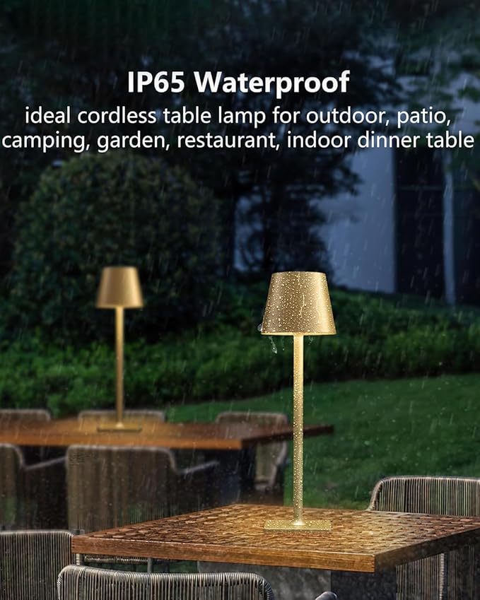 Cordless Table Lamp, 6000mAh Battery Operated, 250LM Adjustable Brightness IP65 Height Adjustable - Set of 2 Gold Wireless Lamps for Restaurant Patio Bedside Outdoor Cafe & Home Decor