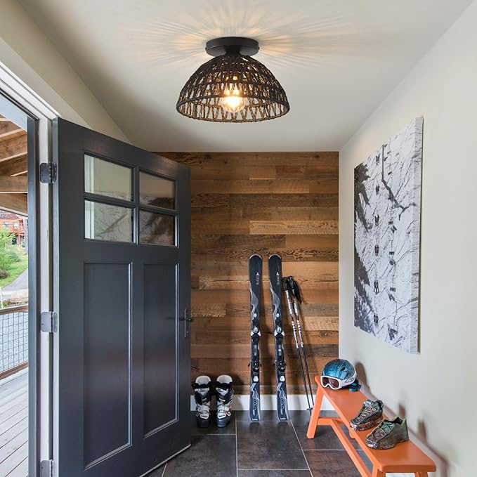 2 Pack 10.2" H Farmhouse Fixtures Ceiling Mount,Black Rattan Boho Semi Flush Mount Ceiling Light,Hand Woven Hallway Light Fixtures for Bedroom Entryway