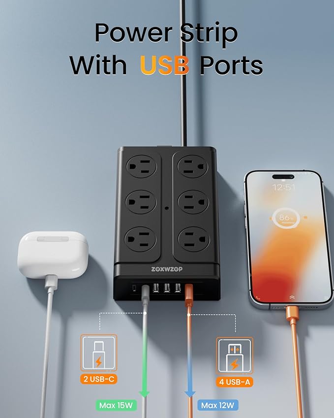 Surge Protector Power Strip – 10FT Extension Cord with 12-Outlet 4 USB-A & 2 USB-C Ports, 1850W/15A, Flat Plug, Wall Mountable – ETL Listed for Home, Dorm Room
