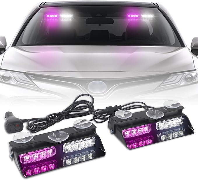 XRIDONSEN 2 in 1 Emergency Dash Strobe Lights Purple White Interior Front/Rear Windshield Lights Hazard Warning Safety Flashing Escort Lights w/Suction Cups for Vehicles Trucks (2×7.16 inch, 16 LED)