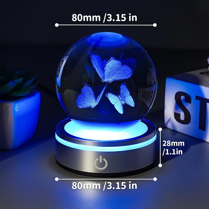 3D Butterfly Crystal Ball Night Light with LED Colorful Lighting Touch Base 3.15 In Butterfly Glass Sphere Lamp for Birthday Christmas Vivid Butterfly Figurine Home Decor Gift for Women Her Kids