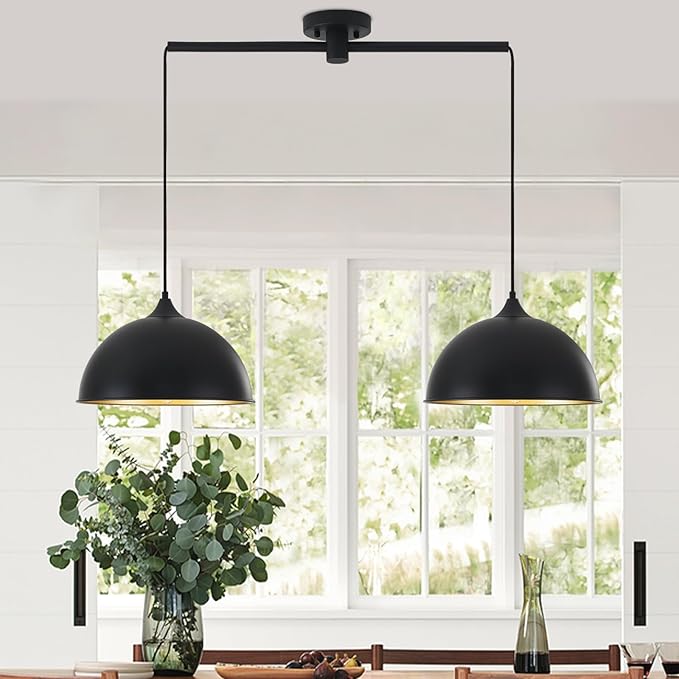 Pendant Lights Kitchen Island, 2-Pack Dome Pendant Light Black and Gold Light Fixtures Industrial Vintage Hanging Pendant Lighting for Farmhouse Dining Room Restaurant Cafe Entryway