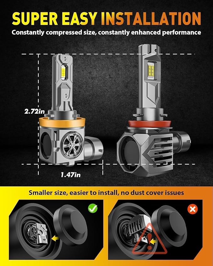 H11/H8/H9 & 9005/HB3 Light Bulbs Combo, 100,000LM 12X Ultra Brightness, Real 1:1 Mini Size, 6500K White 85000Hrs Long Life with Cooling Fan, 9005 H11 Fog Lights, Plug and Play, Pack of 4