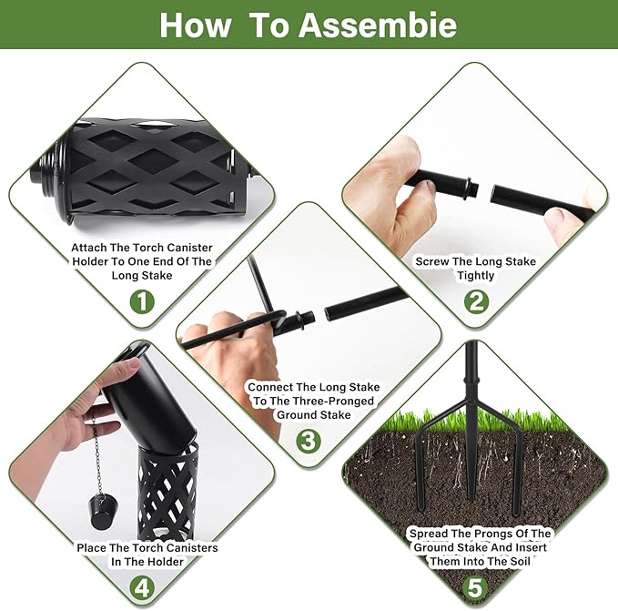 Citronella Torches for Outside Set of 4, 16 Oz Outdoor Torches with 3-Prong Grounded Stake, 59 Inch Metal Torch for Garden Décor, Outside Torches for Backyard, Garden, Patio (Black