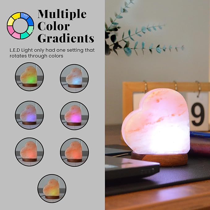 POHS USB Himalayan Mini Heart Salt Lamp, 7 Color Changing LED Bulb, Hand Crafted Crystal Rock Salt Night Light for Home Decor, Desk, and Gift | Premium Quality Wood Base and USB Cable