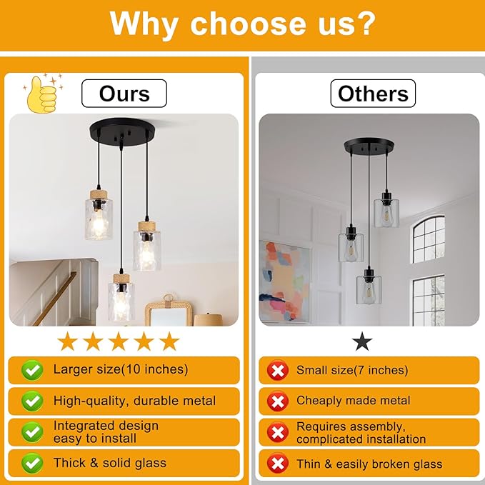 Modern Pendant Lights Kitchen Island, 3-Light Black Pendant Light Fixtures with Clear Hammered Glass Shade, Industrial Farmhouse Hanging Pendant Lights Fixture for Kitchen Island Dining Room Entryway