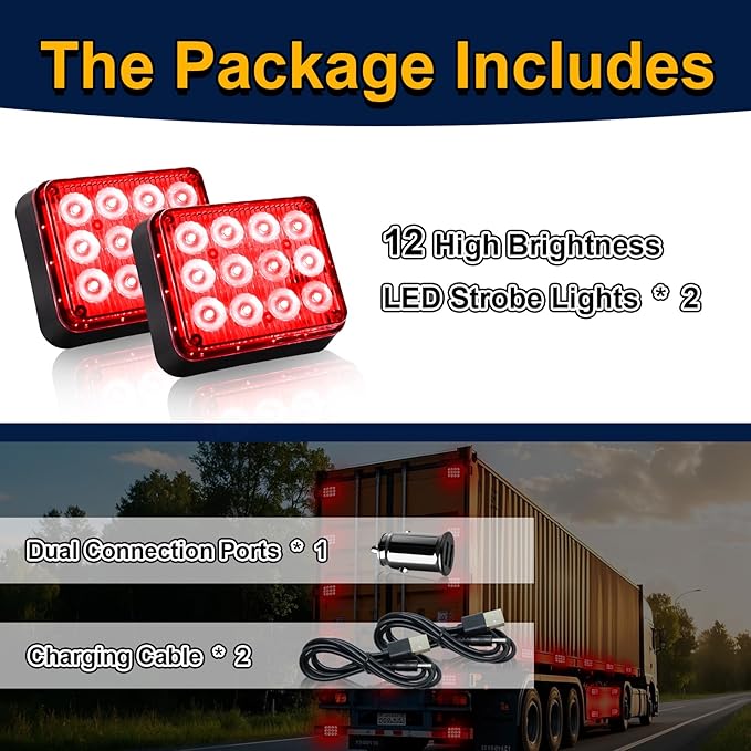 2PCS Magnetic Red Strobe Lights Rechargeable Flashing Emergency Beacon Safety Warning Lights Battery Powered Wireless Portable Magnetic Strobe Hazard Lights for Trucks Trailer Vehicles Car RV