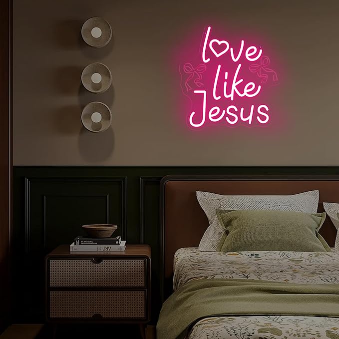Love Like Jesus Neon Sign – 13.78″×13.38″ Jesus Valentine Neon Signs for Wall Decor – Bow LED Signs – Christian Faith Gifts – Christian Themed Neon Lights