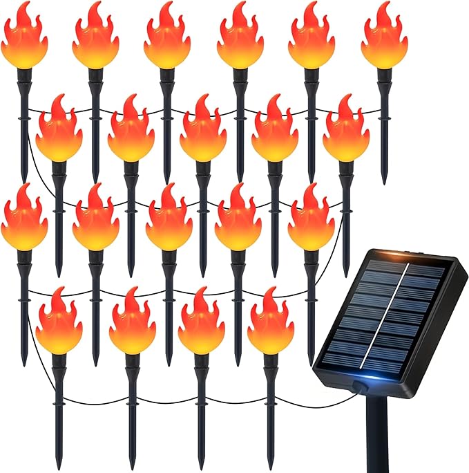ALENEY Christmas Solar Lights Outdoor,37ft Cute Flame Light String with Stake, Waterproof 20 LED Garden Decor for Outside Patio Pathway Yard Christmas Halloween Decorations, Warm White