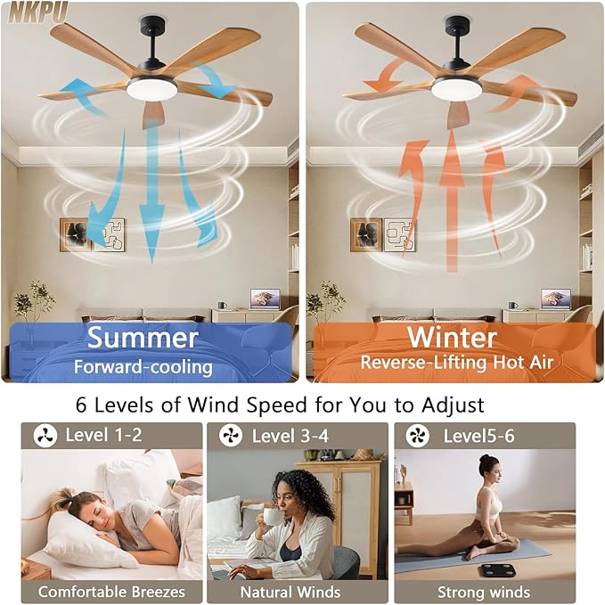Ceiling Fans with Lights and Remote Control, 5 Solid Wood Blades, 3CCT Dimmable, 56 Inch Modern Outdoor Ceiling Fans for Bedroom Farmhouse Patios, Quiet DC Motor