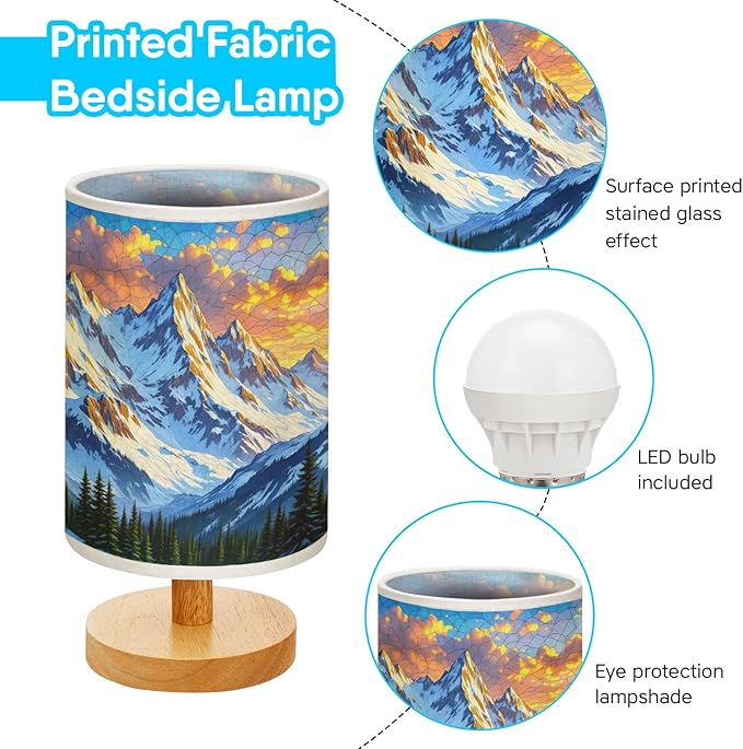 Majestic Snowy Mountain Table Lamp LED 3-Color Pressed Bedside, Majestic Snowy Mountain Shade Lamp with Wood Base for Bedroom Living Room Desk Office TL01