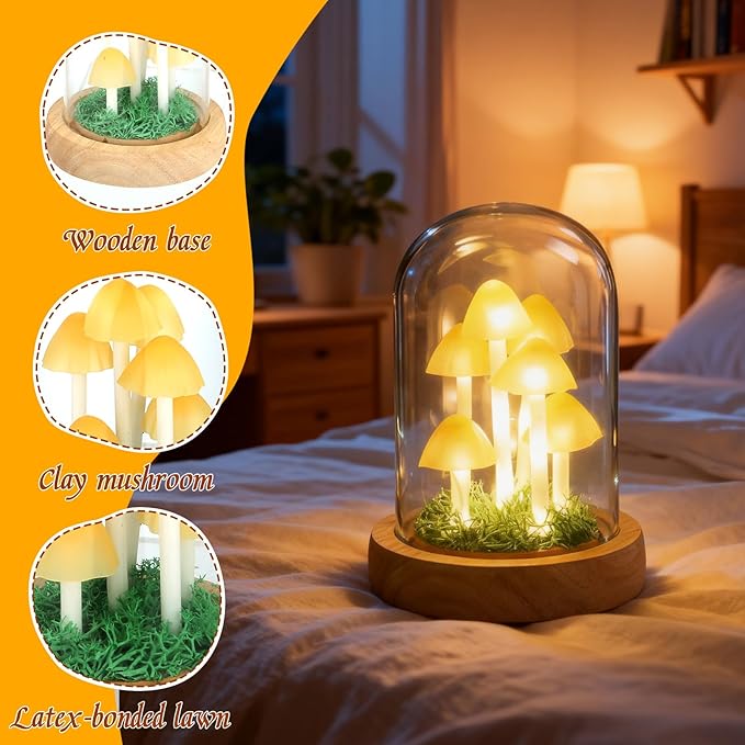 Decorative Mushroom Lamp with Glass Dome, Warm LED Night Light for Bedroom & Living Room, Unique Mushroom Gifts for Women, Christmas & Birthday Decor