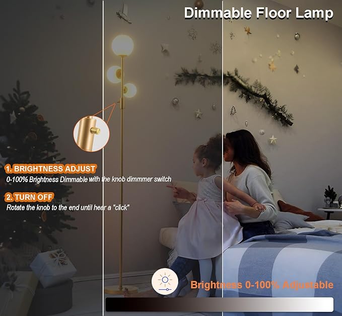 Fiqevs Dimmable 3 Globe Floor Lamp - Mid Century Modern Gold Standing Lamp with Frosted Glass Shade & LED Bulbs for Living Room, Bedroom, Office