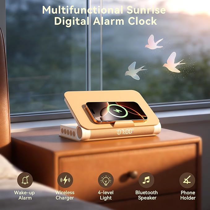 Vivilumens Sunrise Alarm Clock with Wireless Charging Station Bluetooth Speaker Loud for Heavy Sleepers Adults Aesthetic Book Wake Up Light for Bedroom Decor Dimmable Bedside Lamp Tech Birthday Gift