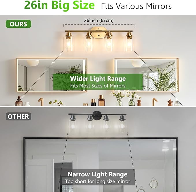 Ascher 4-Light Bathroom Light Fixtures, Modern Vanity Lights Over Mirror, Gold Wall Lamp with Clear Glass Shade for Bathroom Mirror Hallway Cabinet Porch Living Room