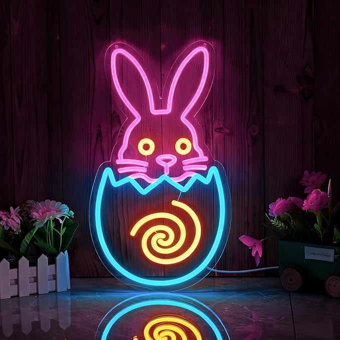 Easter Egg Neon Sign - Bunny LED Wall Decor with Multicolor Glow, USB Powered Dimmable Spring Decor for Easter Party Decorations & Gift Ideas