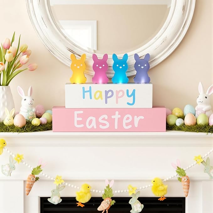 Bucherry Light up Happy Easter Sign Decorations Wooden Easter Bunny Decoration with LED Lighted for Table Pastel Farmhouse Spring Decor for Tiered Tray Shelf Decor for Home Living Room