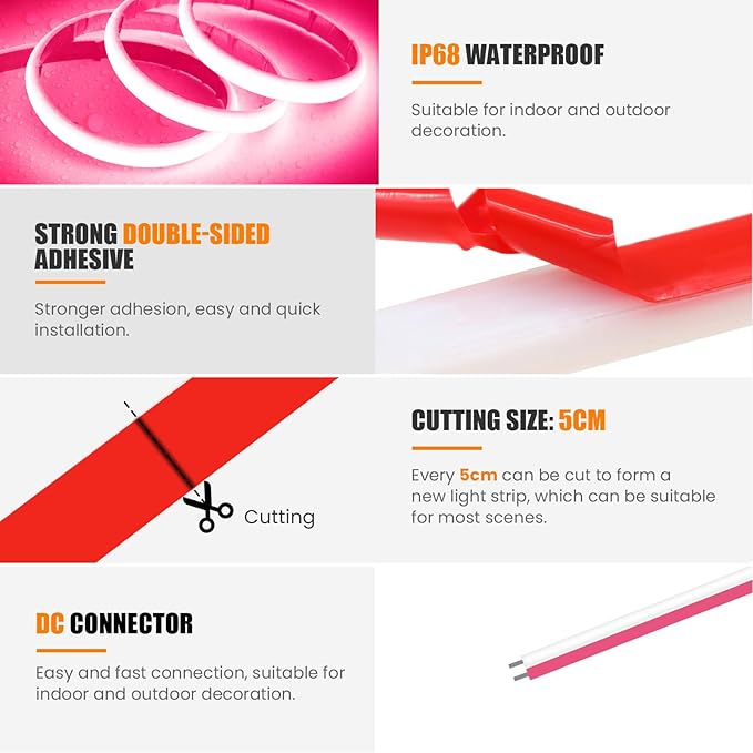 24V COB Neon Strip, 320LEDs/m Ultra-Bright Flexible COB Neon LED Strip, Outdoor Waterproof IP68 Self-Adhesive Tape, Red/White 2-Wire LED Fairy Lights for Patio, Christmas（Pink,13M）