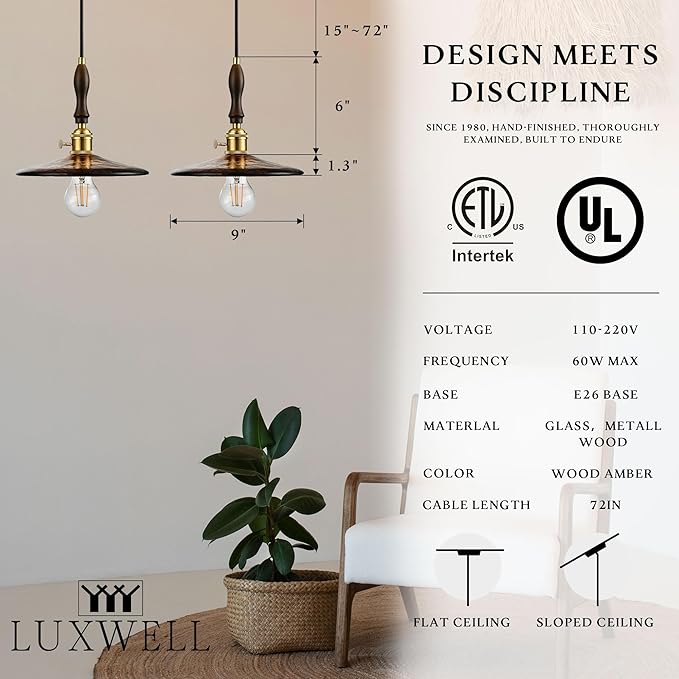 Modern Amber Glass Pendant Light, 9"x7.3" Wide Disc-Shaped Hanging Fixture with Wood & Brass Detail, 15"-72" Adjustable Line, E26 Socket – Golden Amber Disc